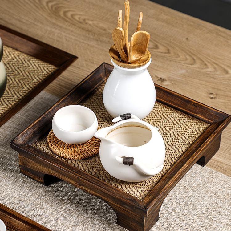 Thailand Teak Wood Seaweed Weaving Tray for Tea Set - TPotsOriental