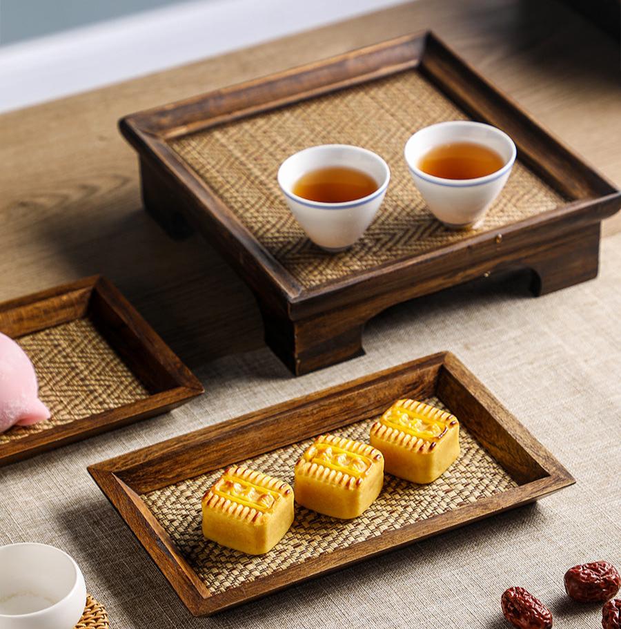 Thailand Teak Wood Seaweed Weaving Tray for Tea Set - TPotsOriental