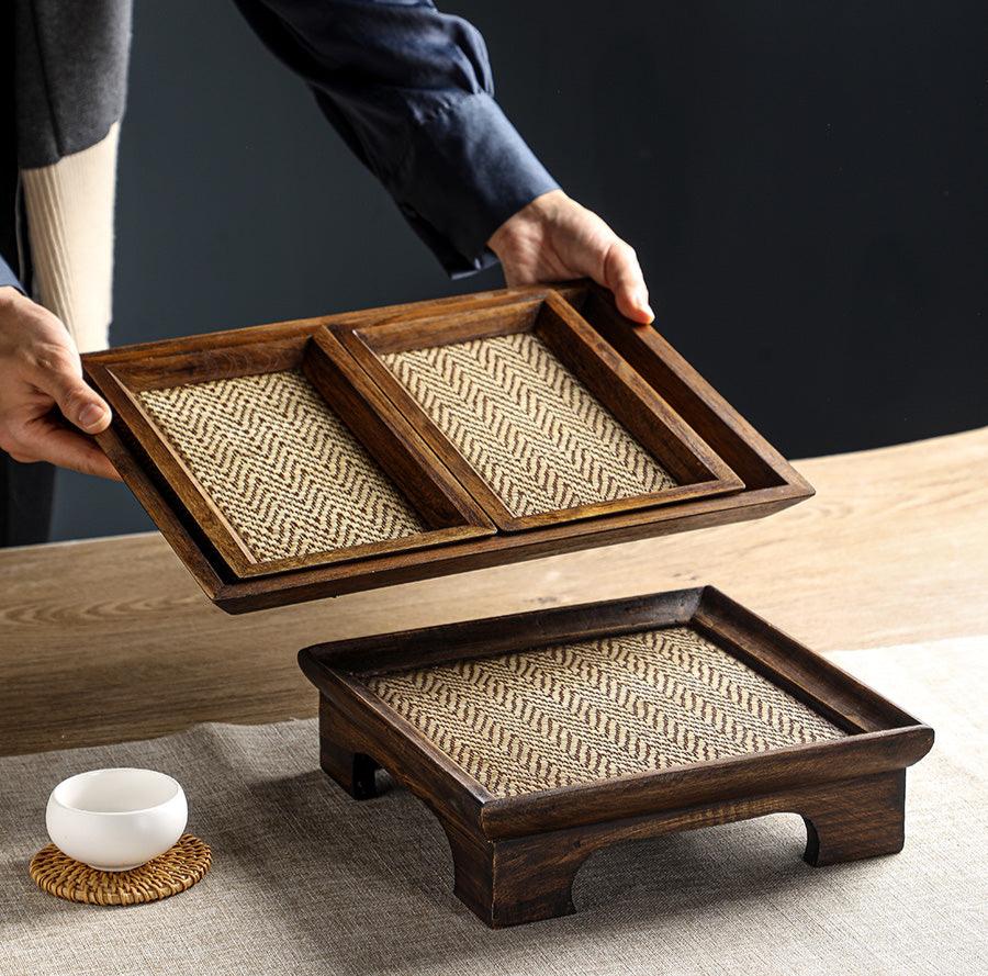 Thailand Teak Wood Seaweed Weaving Tray for Tea Set - TPotsOriental