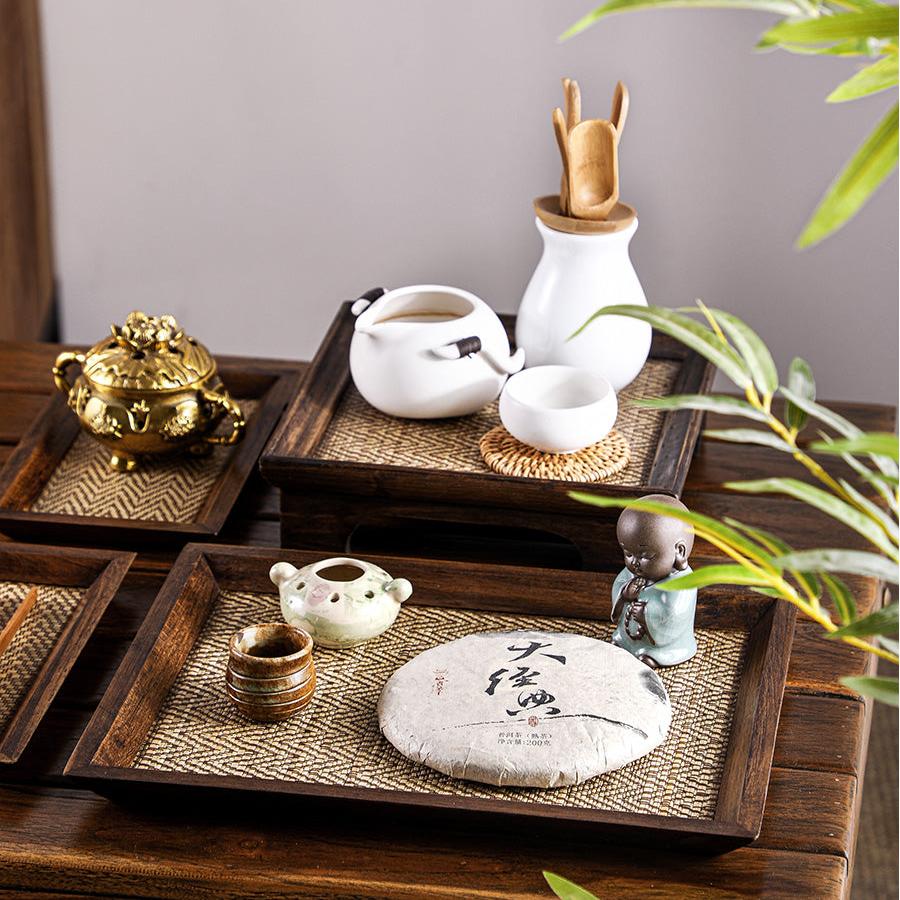 Thailand Teak Wood Seaweed Weaving Tray for Tea Set - TPotsOriental