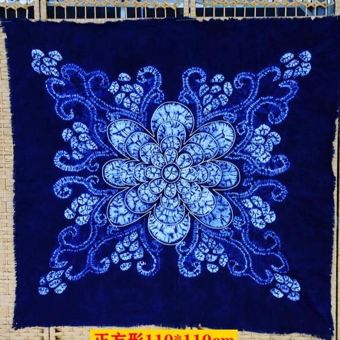 Yunan Heritage Blue Tie-dyed Cotton Tablecloth in Traditional Stitched Auspicious Pattern - TPotsOriental
