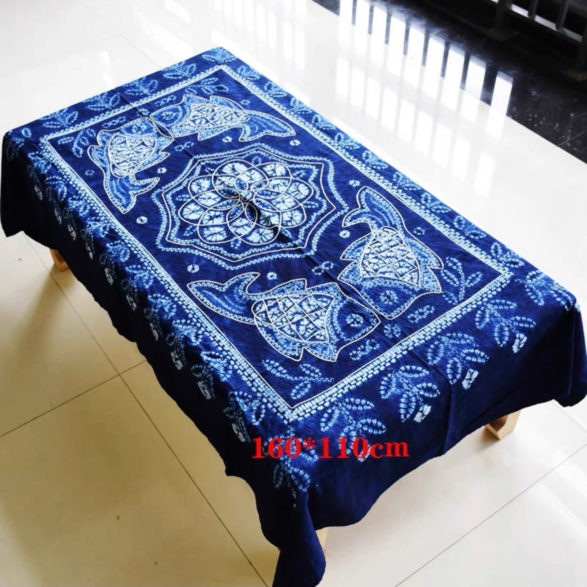 Yunan Heritage Blue Tie-dyed Cotton Tablecloth in Traditional Stitched Auspicious Pattern - TPotsOriental