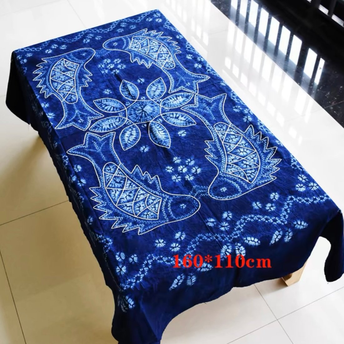 Yunan Heritage Blue Tie-dyed Cotton Tablecloth in Traditional Stitched Auspicious Pattern - TPotsOriental