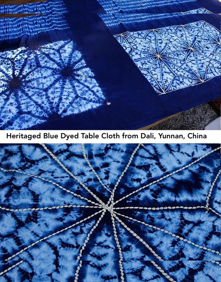 Yunan Heritage Blue Tie-dyed Cotton Tablecloth in Traditional Stitched Auspicious Pattern - TPotsOriental