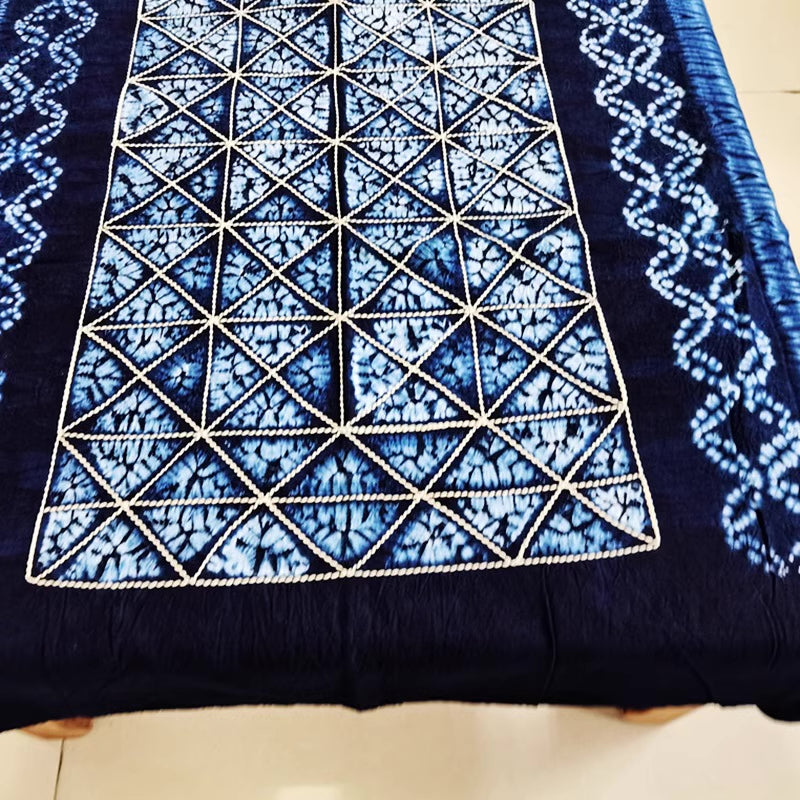 Yunan Heritage Blue Tie-dyed Cotton Tablecloth in Traditional Stitched Auspicious Pattern - TPotsOriental