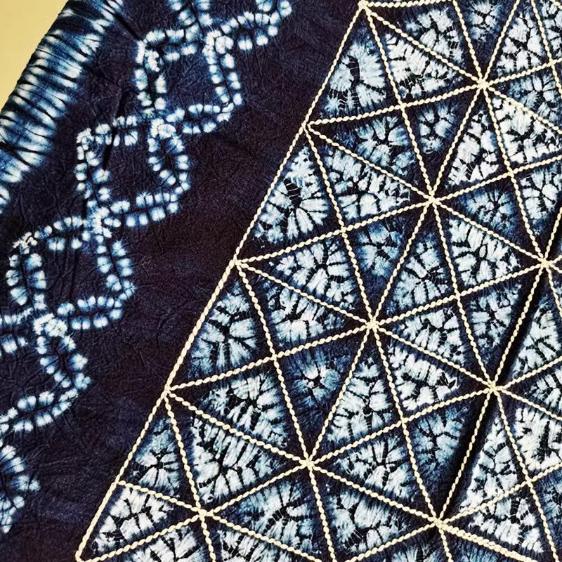 Yunan Heritage Blue Tie-dyed Cotton Tablecloth in Traditional Stitched Auspicious Pattern - TPotsOriental