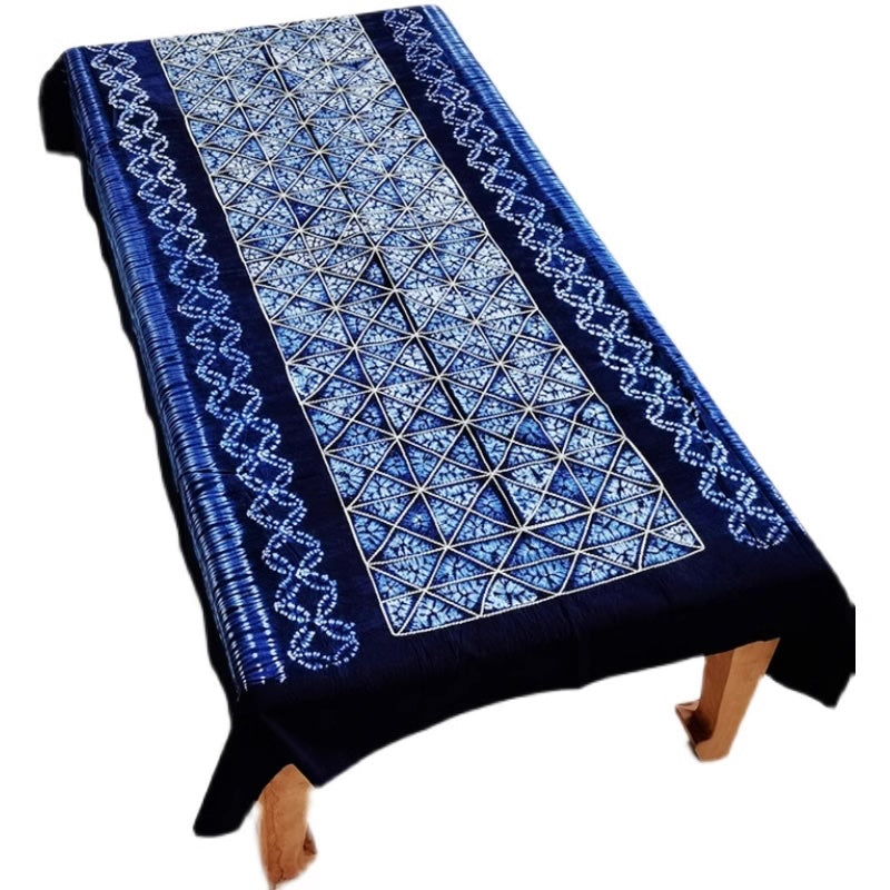 Yunan Heritage Blue Tie-dyed Cotton Tablecloth in Traditional Stitched Auspicious Pattern - TPotsOriental