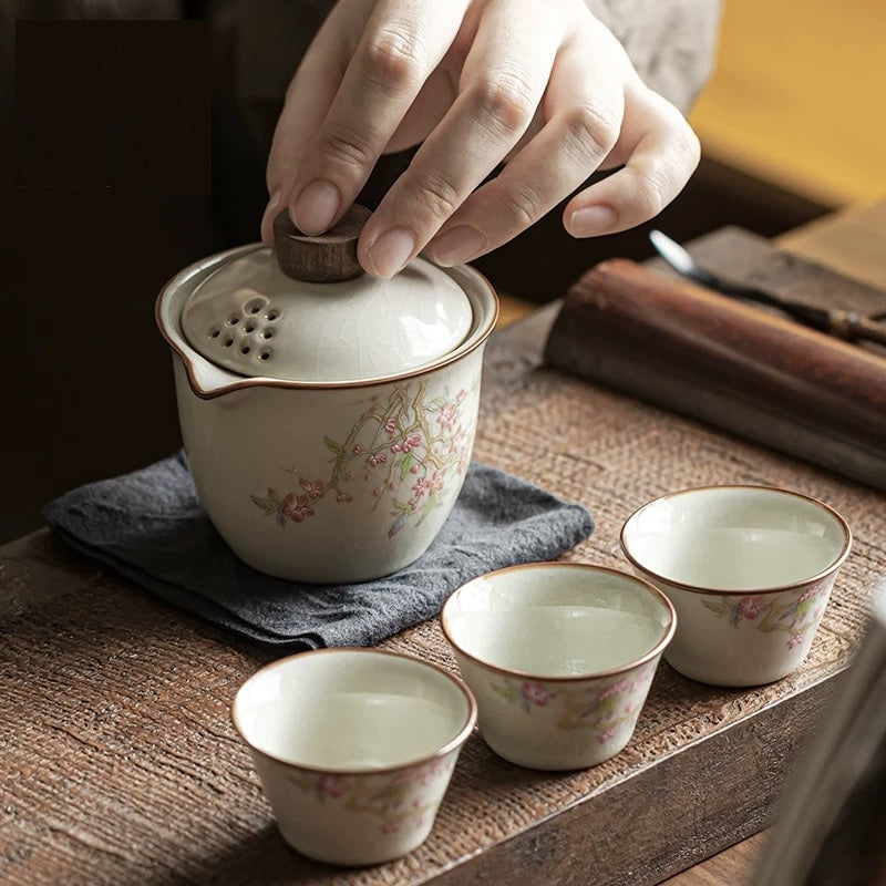 Ceramic Travel Tea Set in Blooming Spring Pink Peach Blossom - TPotsOriental
