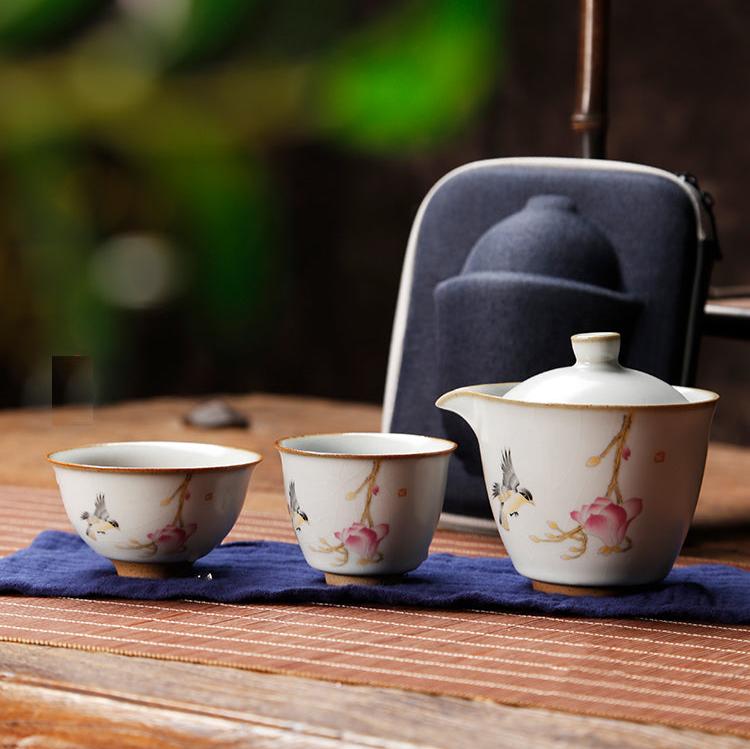 Portable Travel Sized Ru Ware Chinese Tea Set with 1 Teapot and 2 Cups - TPotsOriental