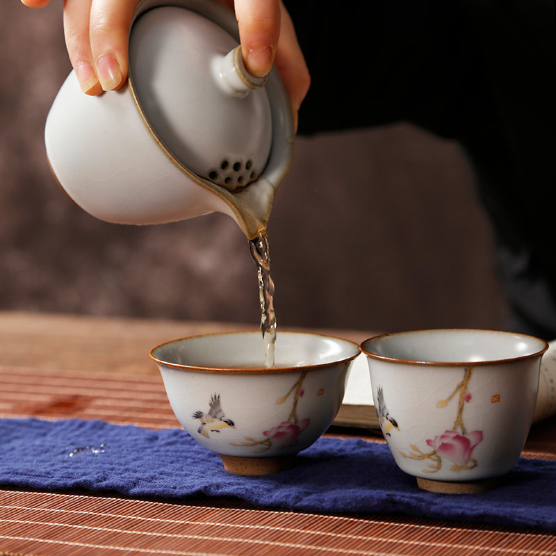 Portable Travel Sized Ru Ware Chinese Tea Set with 1 Teapot and 2 Cups - TPotsOriental