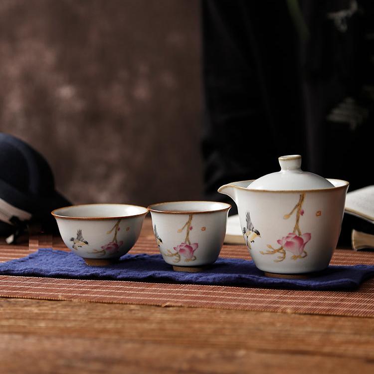Portable Travel Sized Ru Ware Chinese Tea Set with 1 Teapot and 2 Cups - TPotsOriental