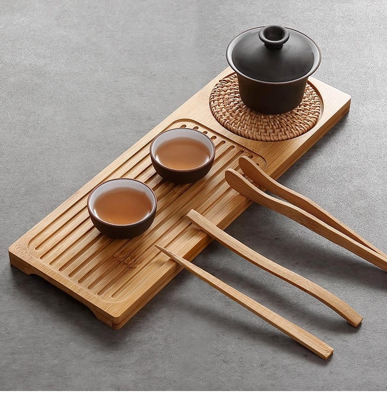 Retangular Bamboo Tea Tray with Straw Mat/Kungfu Tea Display Tray - TPotsOriental