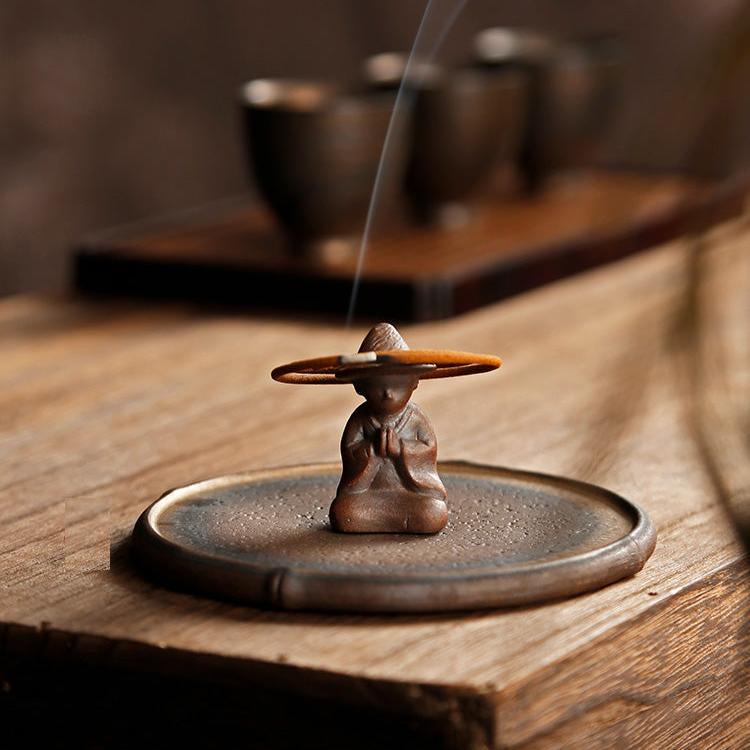 Coarsed Rustic Gold Incense Holder Featured Little Buddha in Hat - TPotsOriental