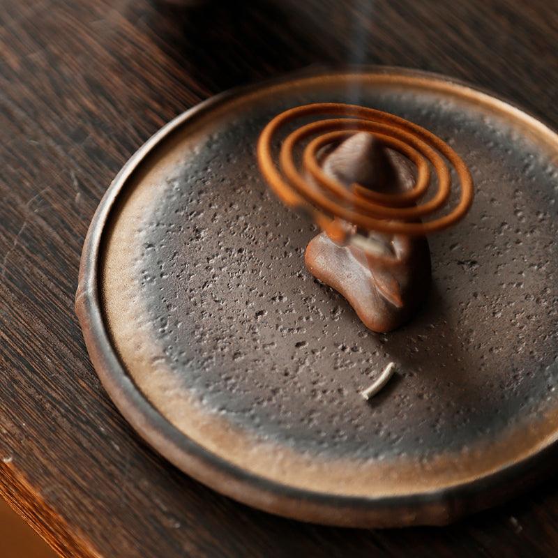 Coarsed Rustic Gold Incense Holder Featured Little Buddha in Hat - TPotsOriental