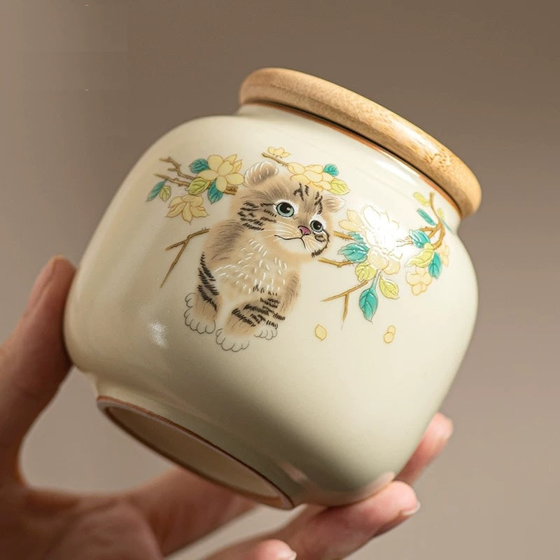 Classic Cream Color Tea Leaf Storage Jar with 3 Water-ink Colored Cat - TPotsOriental