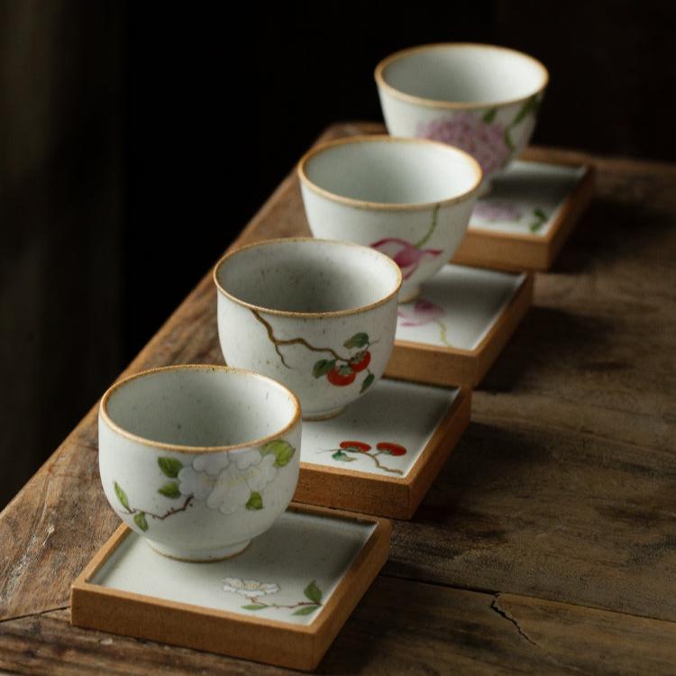 Minimalism Ceramic Tile Coasters with Floral Painting/Lotus, Hydrangea, White Camille, Persimmon - TPotsOriental