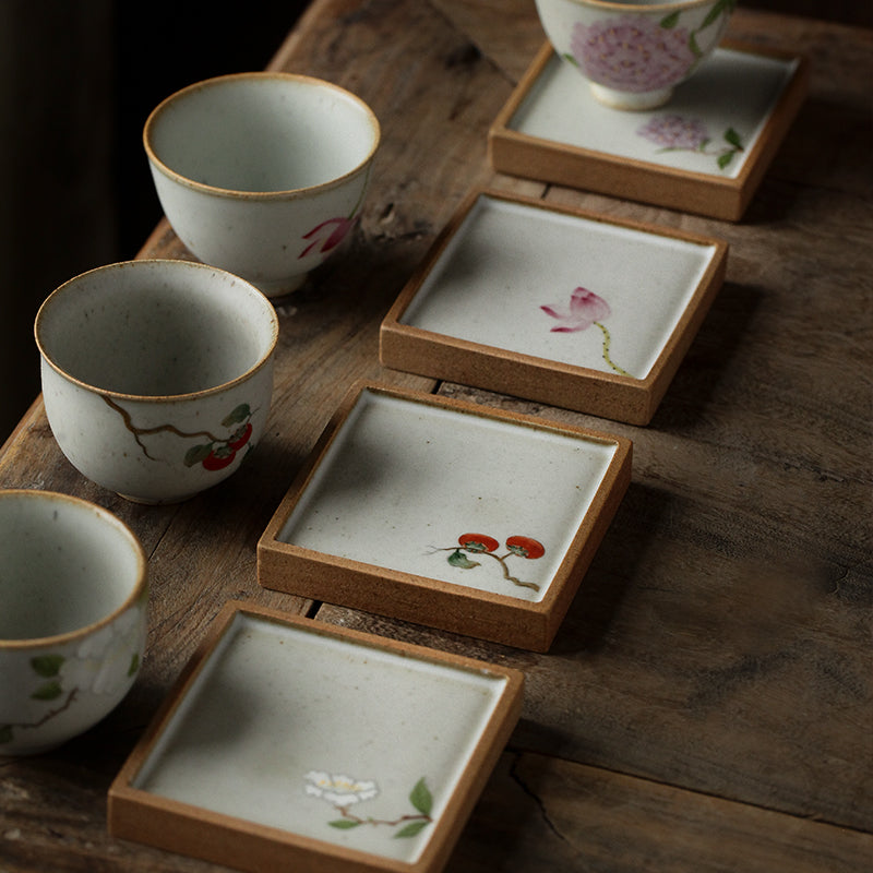 Minimalism Ceramic Tile Coasters with Floral Painting/Lotus, Hydrangea, White Camille, Persimmon - TPotsOriental