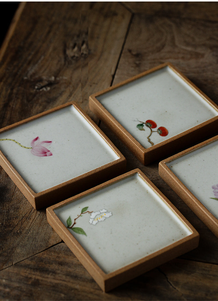 Minimalism Ceramic Tile Coasters with Floral Painting/Lotus, Hydrangea, White Camille, Persimmon - TPotsOriental