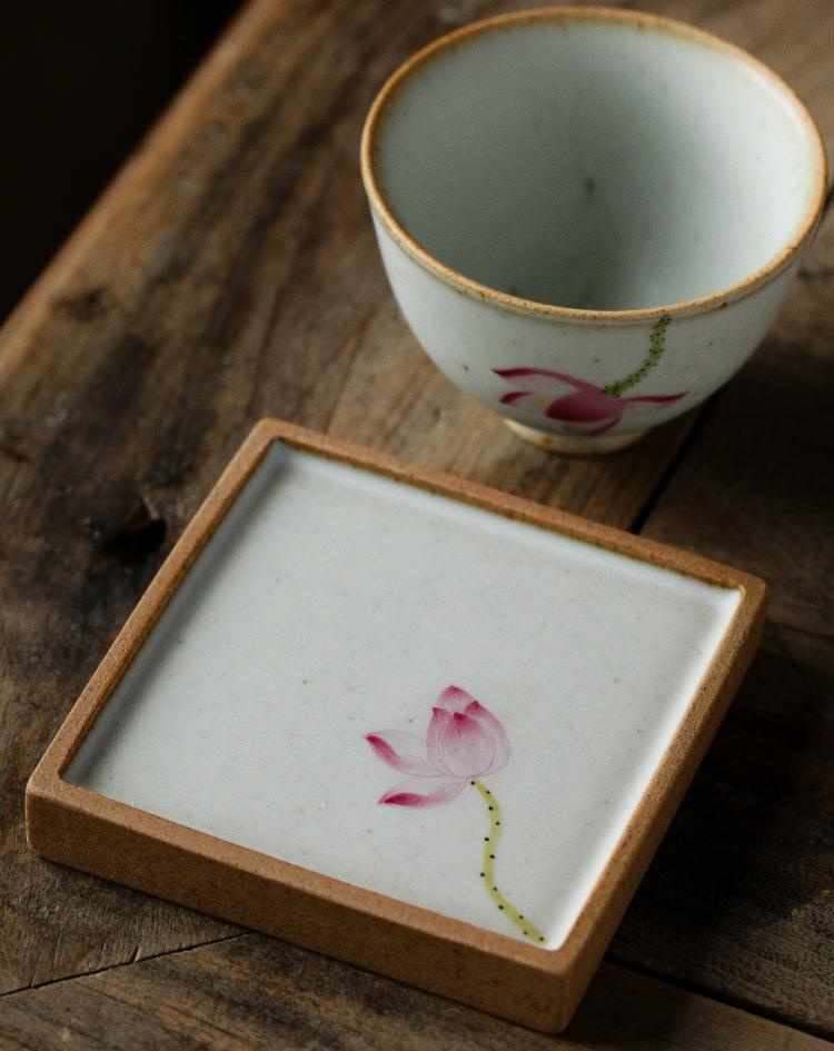 Minimalism Ceramic Tile Coasters with Floral Painting/Lotus, Hydrangea, White Camille, Persimmon - TPotsOriental