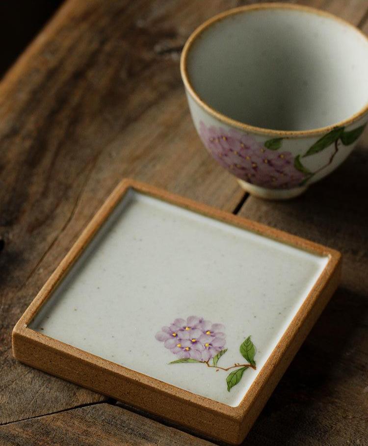 Minimalism Ceramic Tile Coasters with Floral Painting/Lotus, Hydrangea, White Camille, Persimmon - TPotsOriental