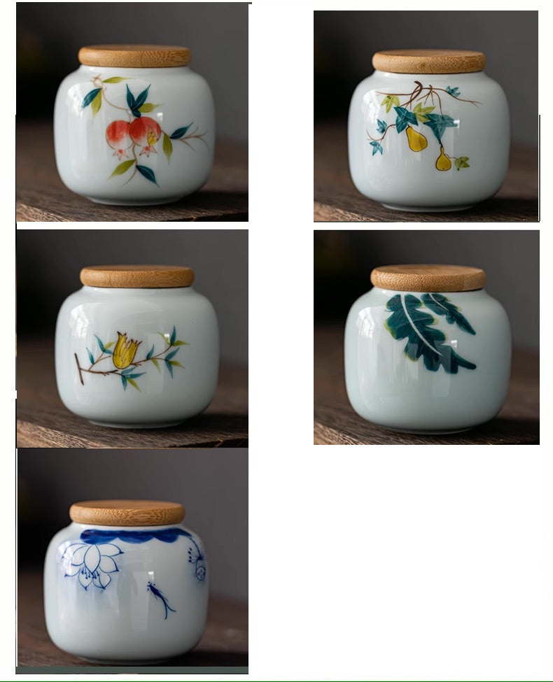 Elegant Hand-Painted Tea Left Storage Jar with Nature Wood Lid - TPotsOriental