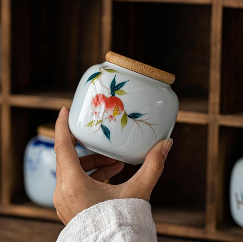 Elegant Hand-Painted Tea Left Storage Jar with Nature Wood Lid - TPotsOriental
