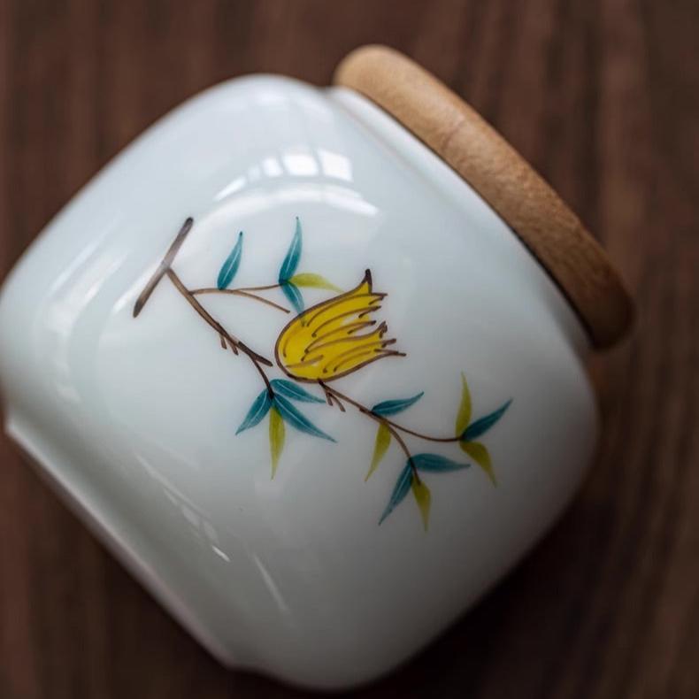 Elegant Hand-Painted Tea Left Storage Jar with Nature Wood Lid - TPotsOriental