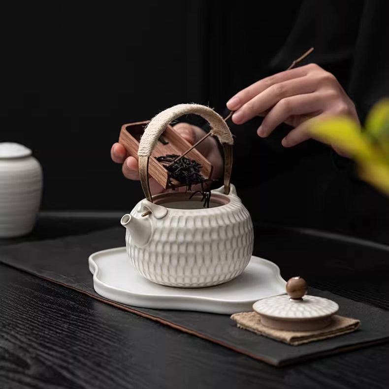 Minimalism White Ceramic Teapot with Iron Handle,Build-in Filter,Honey Cone Surface - TPotsOriental