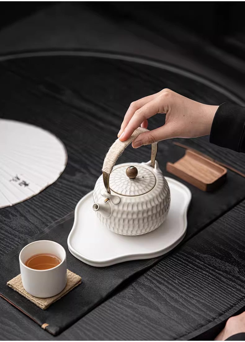 Minimalism White Ceramic Teapot with Iron Handle,Build-in Filter,Honey Cone Surface - TPotsOriental