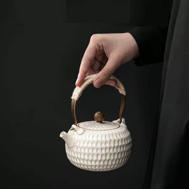 Minimalism White Ceramic Teapot with Iron Handle,Build-in Filter,Honey Cone Surface - TPotsOriental