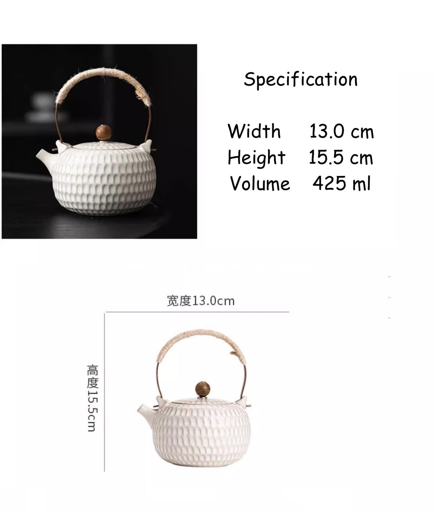 Minimalism White Ceramic Teapot with Iron Handle,Build-in Filter,Honey Cone Surface - TPotsOriental