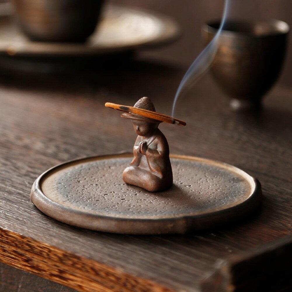 Coarsed Rustic Gold Incense Holder Featured Little Buddha in Hat - TPotsOriental