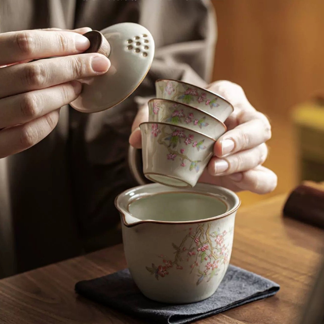 Ceramic Travel Tea Set in Blooming Spring Pink Peach Blossom - TPotsOriental
