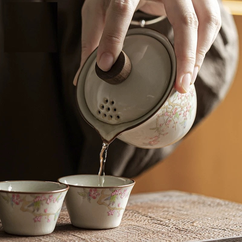 Ceramic Travel Tea Set in Blooming Spring Pink Peach Blossom - TPotsOriental