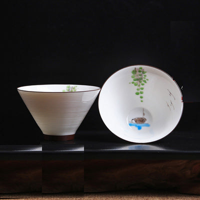 Water-ink Painted Porcelain Chinese Tea Cup in Bamboo Hat Shape - TPotsOriental