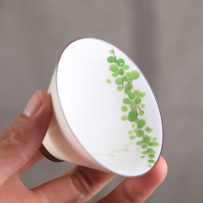 Water-ink Painted Porcelain Chinese Tea Cup in Bamboo Hat Shape - TPotsOriental