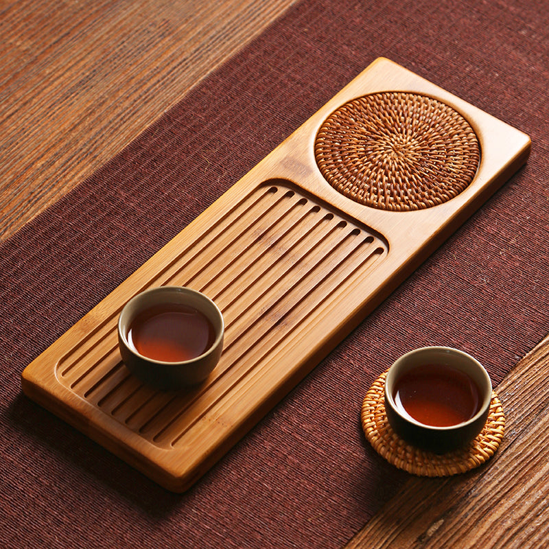 Retangular Bamboo Tea Tray with Straw Mat/Kungfu Tea Display Tray - TPotsOriental