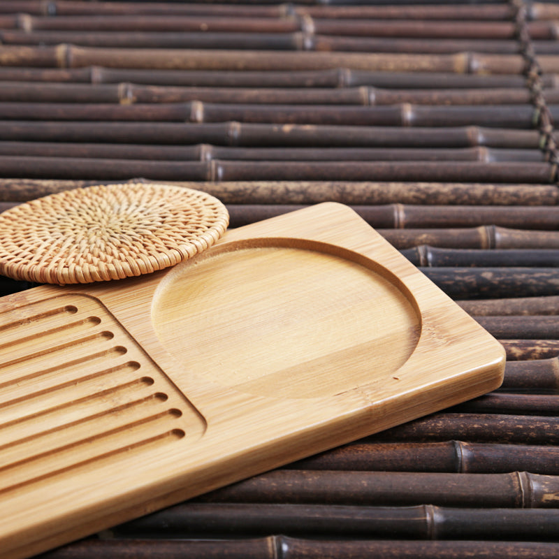 Retangular Bamboo Tea Tray with Straw Mat/Kungfu Tea Display Tray - TPotsOriental