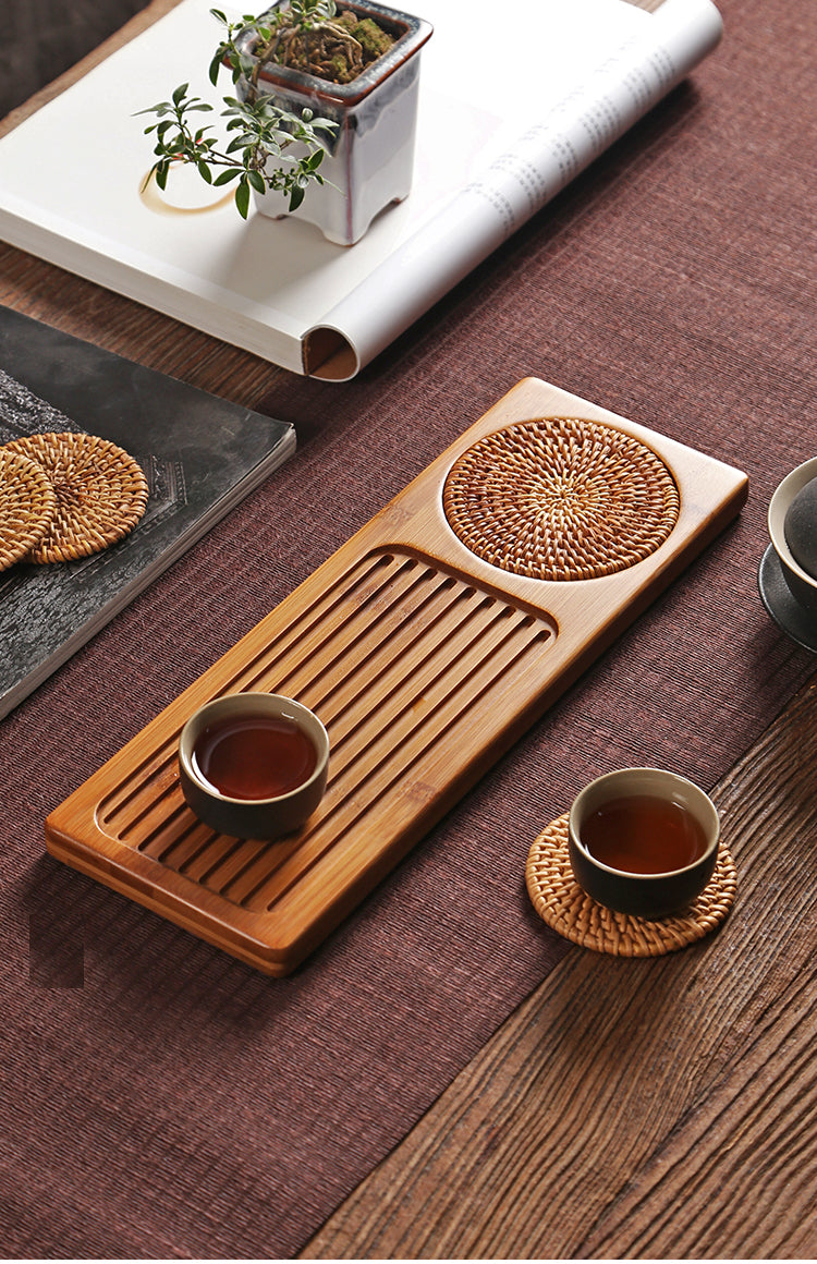 Retangular Bamboo Tea Tray with Straw Mat/Kungfu Tea Display Tray - TPotsOriental