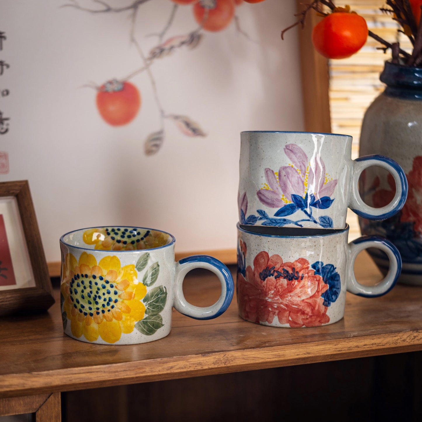 Water Coloured Flora Pattern 450ml Ceramic Tea Cup with Handle/Summer Color Tea/Coffee Cups