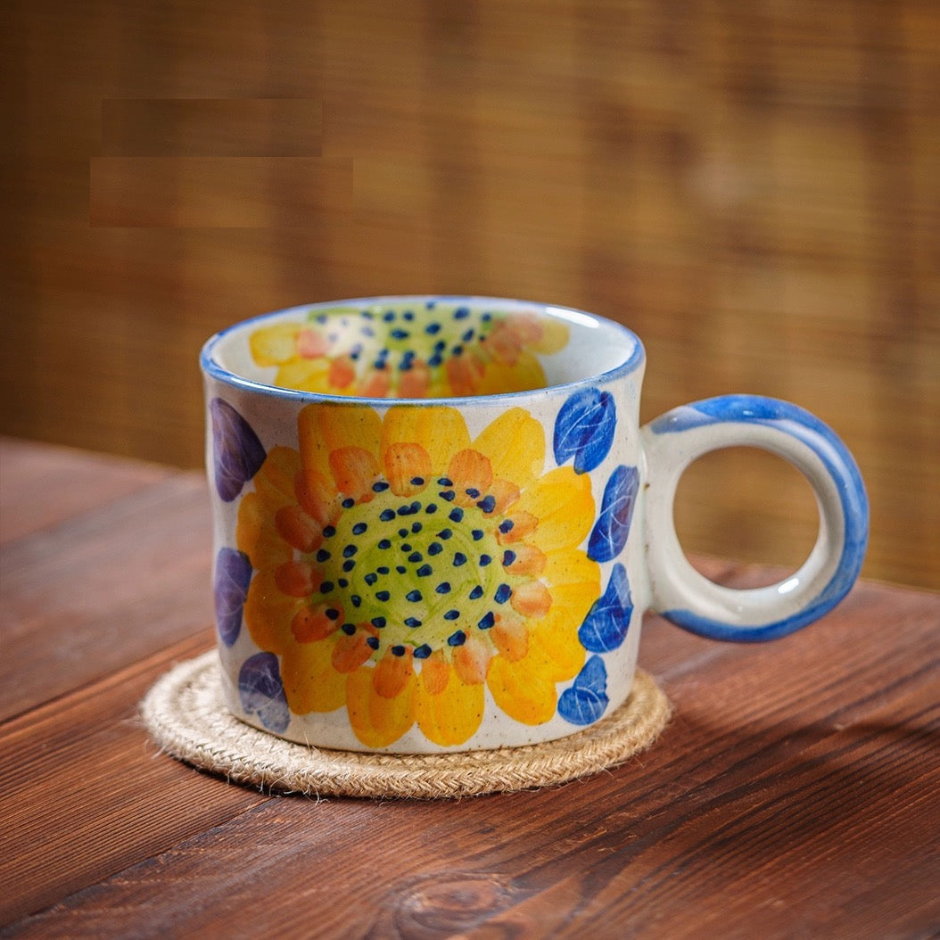 Water Coloured Flora Pattern 450ml Ceramic Tea Cup with Handle/Summer Color Tea/Coffee Cups