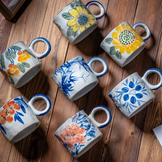 Tazza da tè in ceramica con manico da 450 ml con motivo floreale ad acquerello/tazze da tè/caffè con colori estivi
