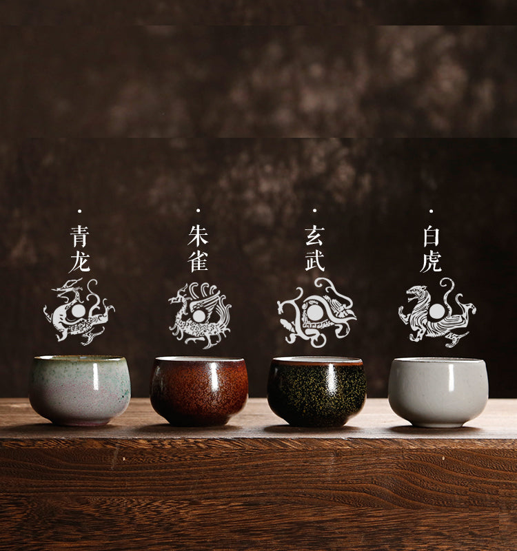 Rustic Vintage Styled Coarse Pottery Four Cups Set - Sacred Animal Collection