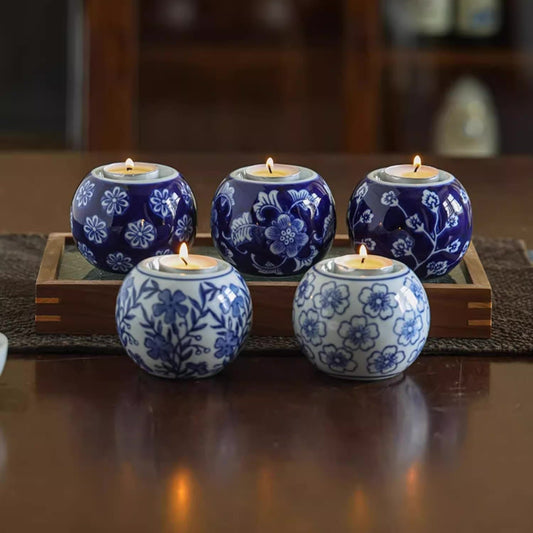 Cobalt Blue Ceramic Tea Light Round Candle Holder/Flower Pattern