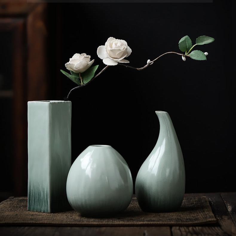 Vaso per fiori in ceramica cinese in stile minimalista in smalto trasmutativo verde celadon