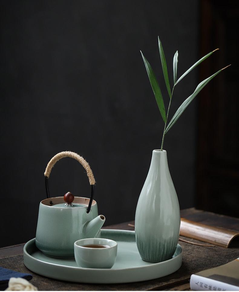 Vaso per fiori in ceramica cinese in stile minimalista in smalto trasmutativo verde celadon
