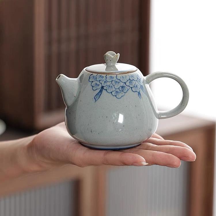 Classic Cobalt Blue Glaze Antique Styled Stone Ware Chinese Tea Pot in Prosperous Peony