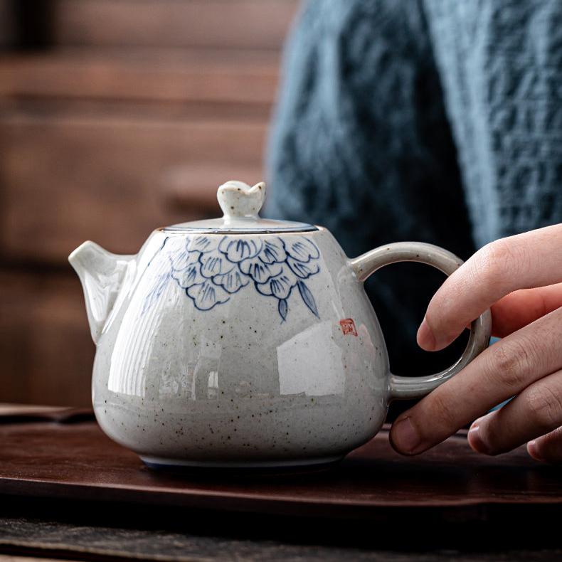 Classic Cobalt Blue Glaze Antique Styled Stone Ware Chinese Tea Pot in Prosperous Peony