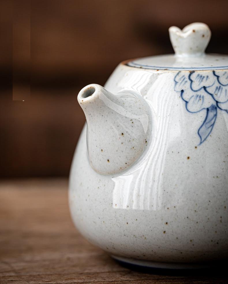 Classic Cobalt Blue Glaze Antique Styled Stone Ware Chinese Tea Pot in Prosperous Peony