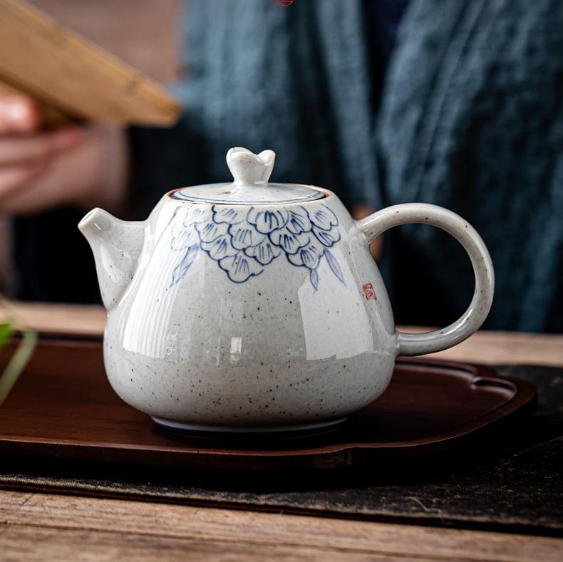 Classic Cobalt Blue Glaze Antique Styled Stone Ware Chinese Tea Pot in Prosperous Peony